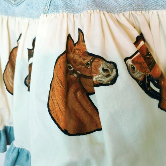 The Limited Upcycled Girls Denim & Cotton Skirt Horse Print Ruffle Hem Size 12 - Picture 8 of 11